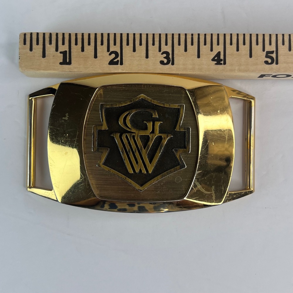 Vintage Great Western GW Monogram Shield Belt Buckle Gold Tone Metal Rectangle - Picture 4 of 5